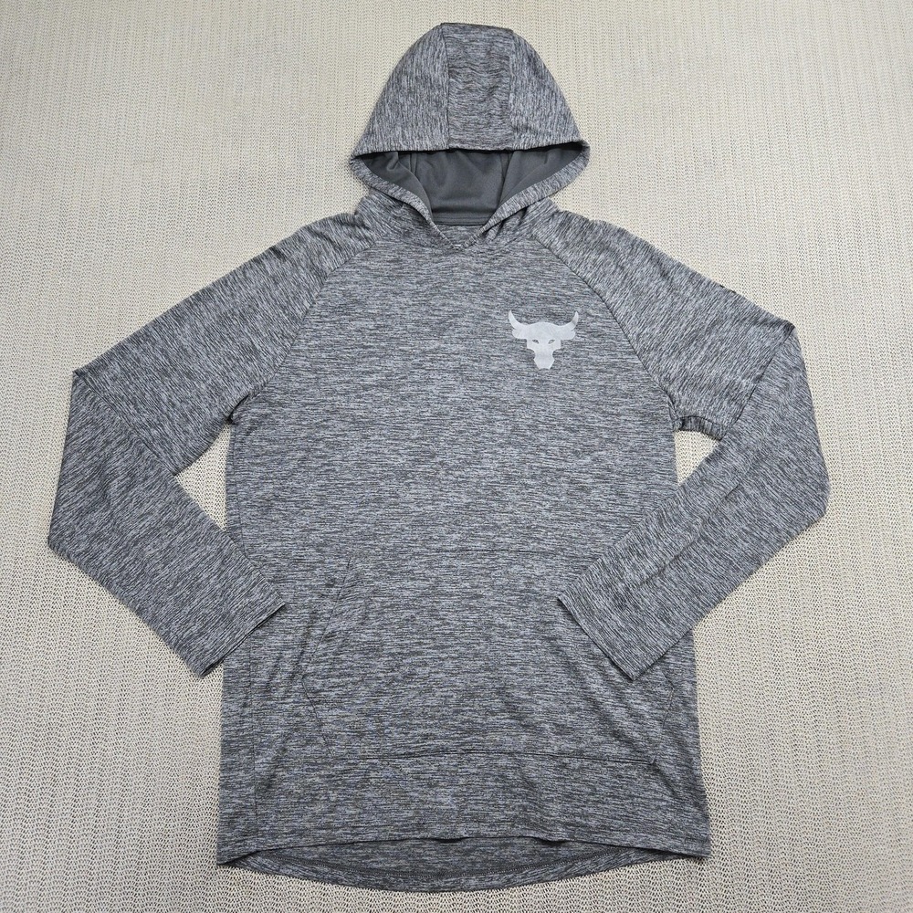 Under Armour Project Rock Hoodie Shirt Mens Small Gray Bull Logo Athletic Gym
